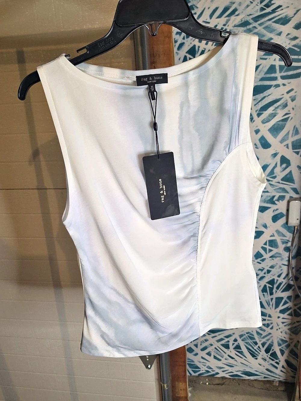 rag & bone Light Blue Multi Ruched Tank Ruched Tank in White & Blue XS NWT